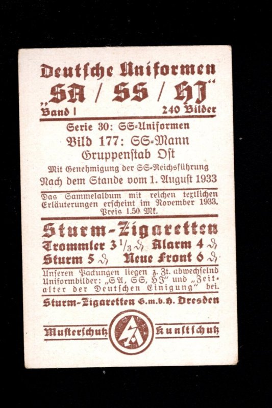 Germany Third Reich Specialty Sturm Cigarette Card SS Man Ost 177 1933 H6