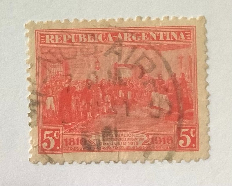 Argentina 1916 Scott  220 used - 5c,  100th Anniversary of the Independence
