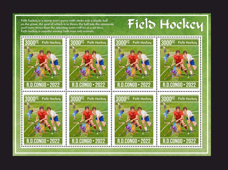 Stamps.  Sports Field Hockey , Congo 2022 year , sheet 8 stamps perforated