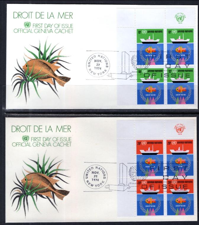 UN New York 254-255 Law of the Sea Plate Blocks Geneva Set of Two U/A FDC