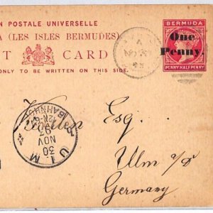 BERMUDA QV Stationery Card *One Penny* 1d Surcharge 1893 Germany {samwells}PJ96