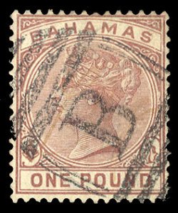 Bahamas #32 (SG 57) Cat£225, 1884 £1 brown, neat B cancel