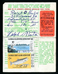 California Stamps 1973 license card w/ $1 island waters & $2 trout and salmon