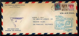 1941 Straits Settlement Singapore Airmail Cover to San Fran USA First FLight FFC