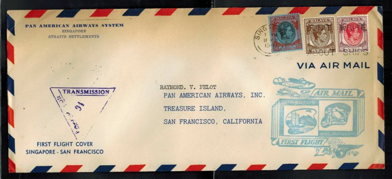 1941 Straits Settlement Singapore Airmail Cover to San Fran USA First FLight FFC