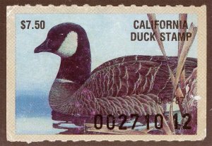 US Sc 17 Multicolor $7.50 NG 1986 California Duck State Hunting Permit Stamp