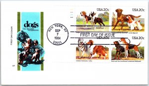 US FIRST DAY COVER DOGS Our Devoted Companions Block of 4 Fluegel Cachet 1984