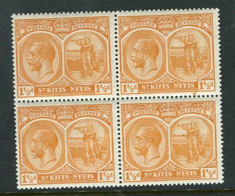 ST.KITTS NEVIS; 1920-22 early GV Crown CA issue Mint hinged 1.5d. Block