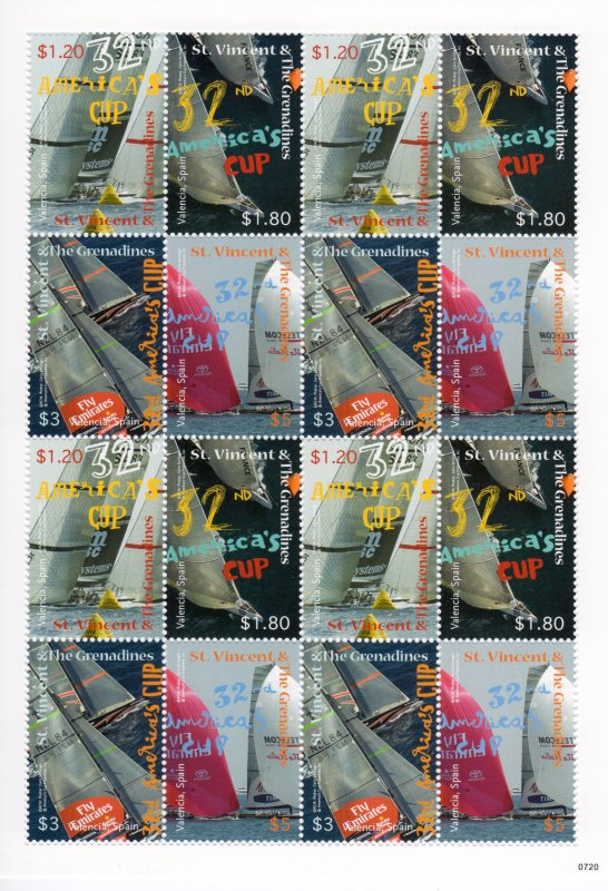 St.Vincent 2008 America's Cup Yacht Races,Valencia,Spain Sheetlet (16) MNH