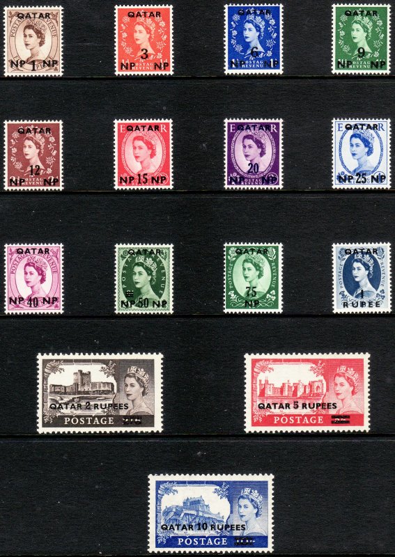 1957 Qatar QE Queen Elizabeth O/P complete set (15) MNH Sc# 1 / 15 CV: $41.10