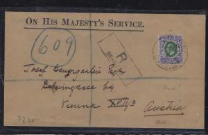 SOMALILAND COVER (P0312B) 1913  KGV 6 A  REG BERBERA VIA ADEN TO AUSTRIA