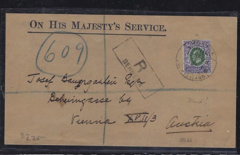 SOMALILAND COVER (P0312B) 1913  KGV 6 A  REG BERBERA VIA ADEN TO AUSTRIA