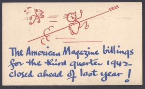1942 POSTAL CARD THE AMERICAN ANNOUCES SALES ON 3RD QUARTER BEATS LASST YEAR, NY
