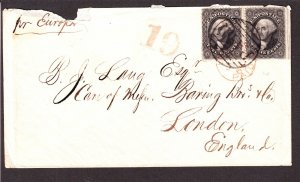 US 36b Pair on Cover to London, England Steamer Europa w/ Black & Red Cancels