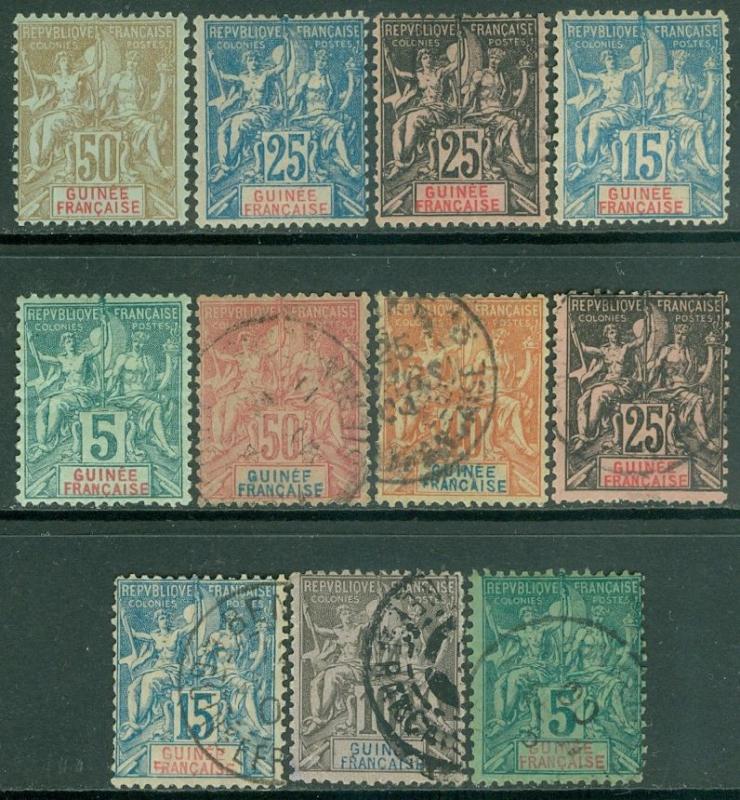 FRENCH GUINEA : All VF Mint OG or Used collection of 11 Peace & Commerce Issues.