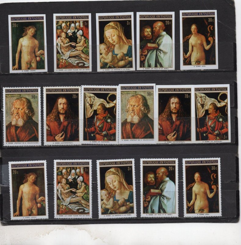 RWANDA 1971 PAINTINGS BY ALBRECHT DURER 2 SETS OF 7 STAMPS PERF. & IMPERF. MNH