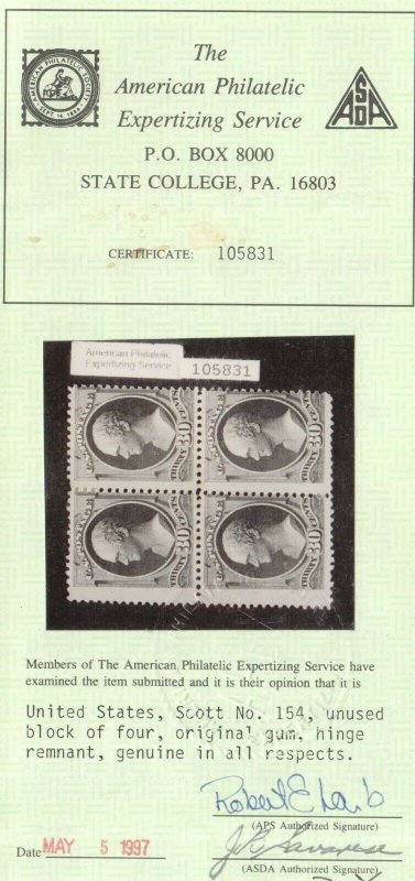 USA #154 Mint Rare Block Full Original Gum Hinged **With Certificate**
