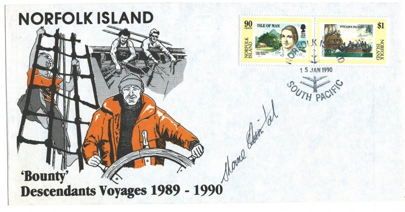 Norfolk Islands Sc#456a,456b Bounty Descendants Voyages 1989 Cover - Signed