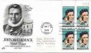 1984 FDC, #2090, 20c John McCormack, Art Craft, plate block of 4