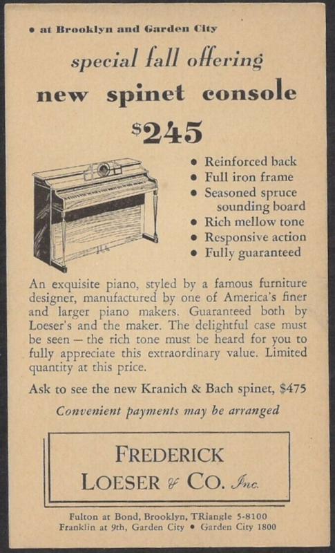 BROOKLYN #UX27 AD CARD FOR PIANO (SPINET CONSOLE) illustrated w PIANO 1940s Mint