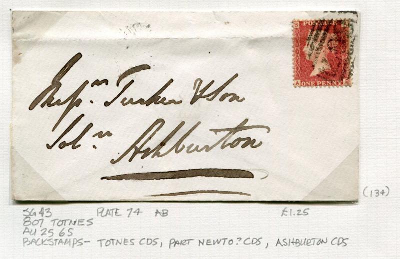Great Britain Postal History Cover - 1865 SG #43 Plate 74 - 807 Totnes CDS