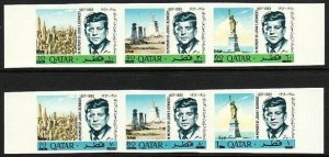 Sc# 119cde 119Afgh 1966 Qatar JFK U.N IMperf strips of 3 revalued CV: $N/L