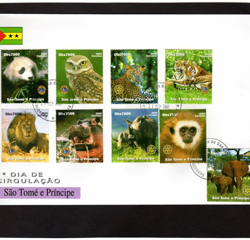 Sao Tome and Principe 2005 Animals/Panda/Tigers/Owl-LIONS CLUB Set (9) FDC