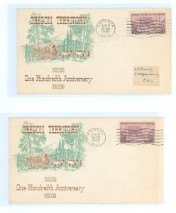 US 783 1936 3c Oregon Territory on two FDCs wtih matching Plimpton Cachets and two Official FD City Cancels: Astoria, OR and Dan