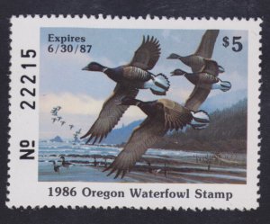 State Hunting/Fishing Revenues - OR - 1986 Duck Stamp - OR-3 - MNH