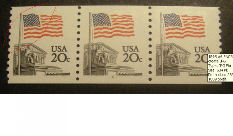 Scott 1895a, 20 cent Flag, PNC3 #6, MNH, crease on left stmp