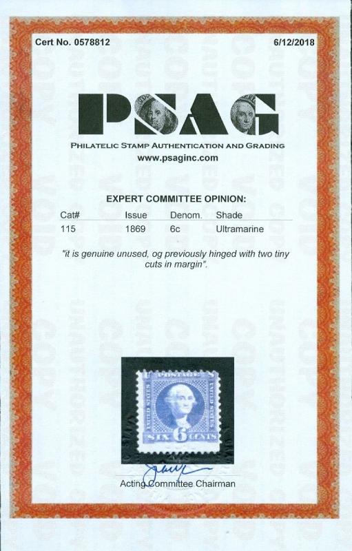 EDW1949SELL : USA 1869 Scott #115 Mint Original Gum. PSAG Cert. Catalog $2,750.