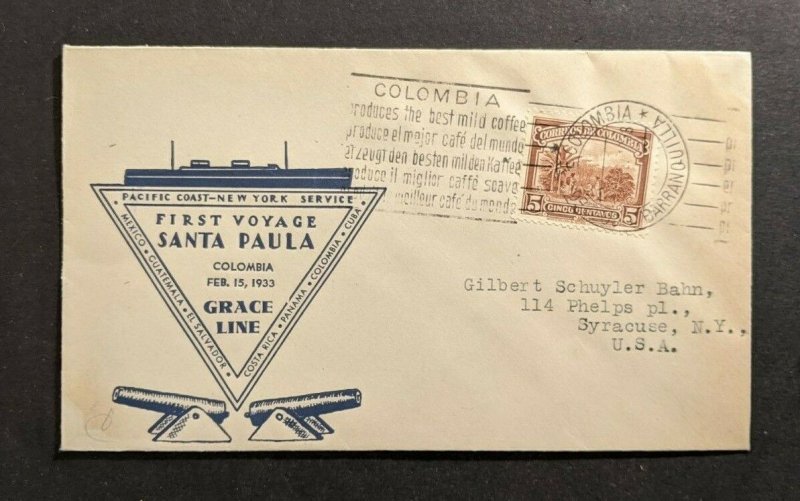 1933 Santa Paula First Voyage Cover Barranquilla Colombia to Syracuse NY