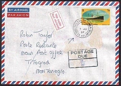 TRISTAN DA CUNHA 1997 Returned postage due cover to Montenegro.............78826