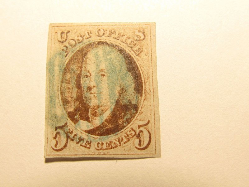 USA Stamp Scott #1 VF/XF USED BLUE CANCEL WITH 4 MARGINS,