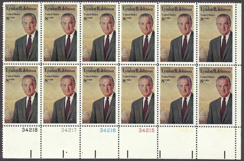 1503 Plate block 8cent Lyndon B Johnson LBJ President Texas Vietnam War Liberal