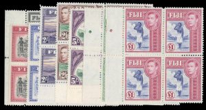 Fiji #127-131B Cat$521.20, 1938 George VI, 1sh-£1, eight high values in bloc...