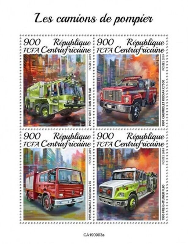 Central Africa - 2019 Fire Trucks - 4 Stamp Sheet - CA190903a