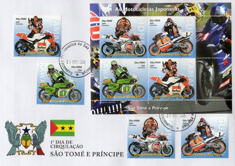 Sao Tome & Principe 2005 JAPANESE MOTORBIKES Set + Sheetlet Perforated FDC