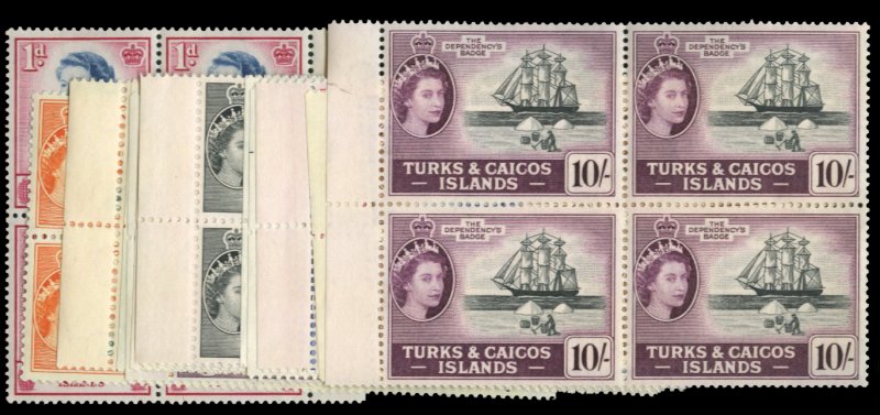 Turks & Caicos Islands #121-134 Cat$250, 1957-60 QEII, 1c-10sh (without £1),...