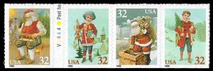 PCBstamps  US #3008/3011b Bk Strip $1.28(4x32c)Christmas, Santa/Child, MNH, (23)