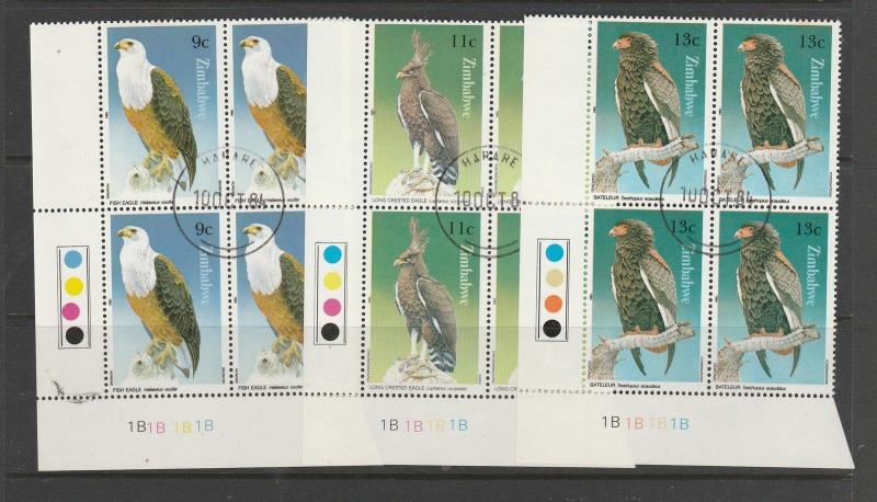 Zimbabwe 1984 Birds of Prey 1st 3 vals in Cylinder blocks 4 VFU/CTO SG 647/9