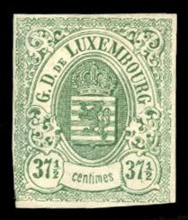 Luxembourg #11 Cat$440, 1859 37 1/2c green, small part original gum, margins ...