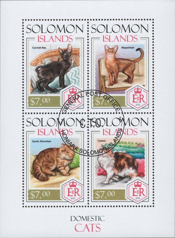 Solomon Islands Cats Domestics Animals Souvenir Sheet of 4 CTO