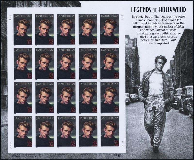 3082a, MNH 32¢ James Dean Complete Imperforate ERROR Pane of 20 - Stuart Katz