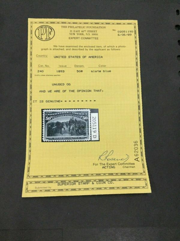 MOMEN: US STAMPS #240 MINT OG NH VF PF CERT