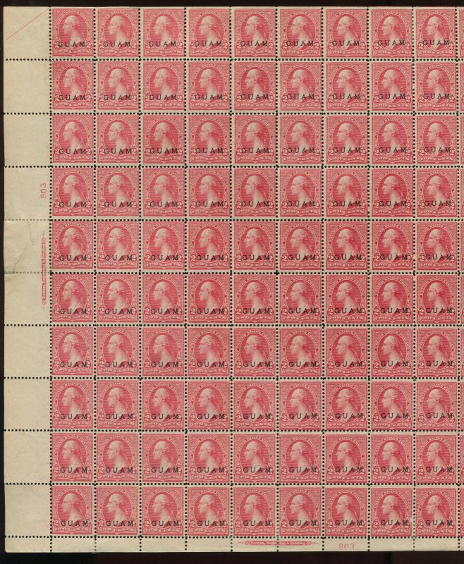 Guam Scott 2 Overprint Complete Unused Sheet of 100 Stamps (Stock Guam 2-sht 1)