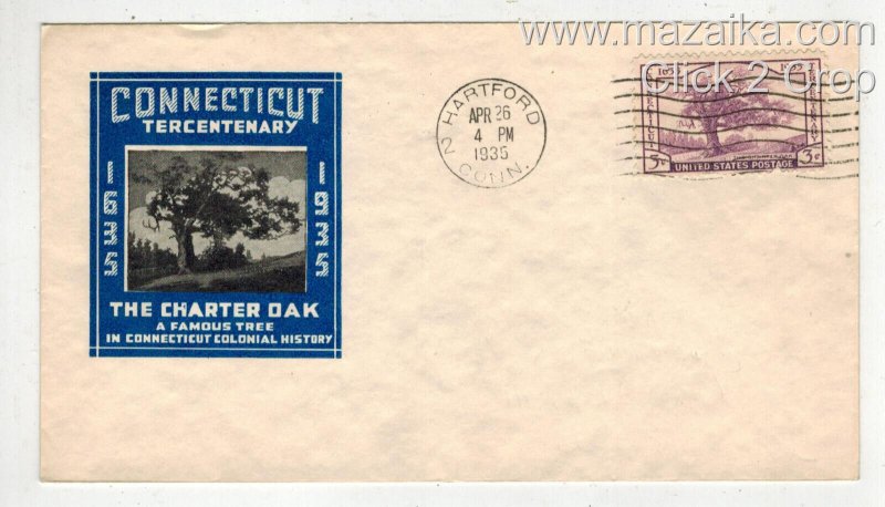 1935 CONNECTICUT TERCENTENARY #772 FDC IOOR COLOR VARIETY BLUE