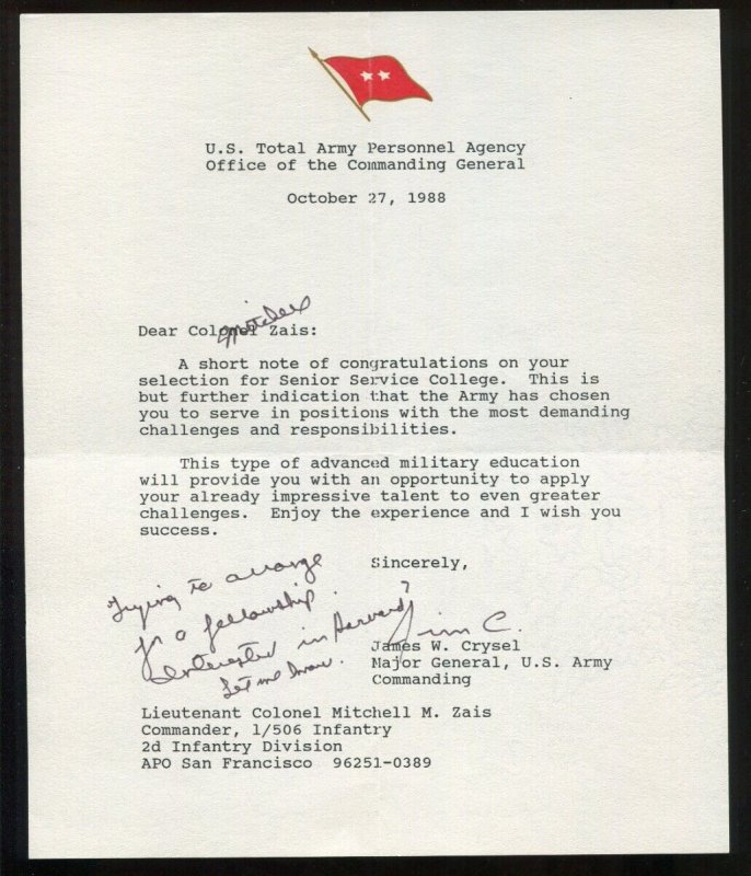 2 Major General James W. Crysel Signed 1988 Letters to LTC Mitchell Zais 939W