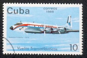 CUBA Sc# 3031  CUBANA TRANSATLANTIC FLIGHTS planes  airplanes 10c 1988 used cto