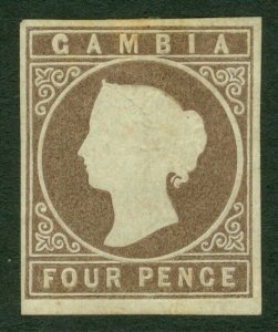 SG 2 Gambia 4d pale brown. A fine mint without gum. 4 good to large margins...